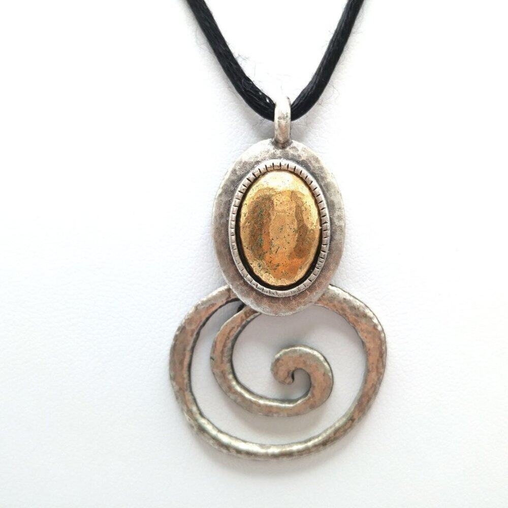 Chico's Gold Silver Pendant Necklace, "Made with Love" Black Satin Cord, 30 Inch